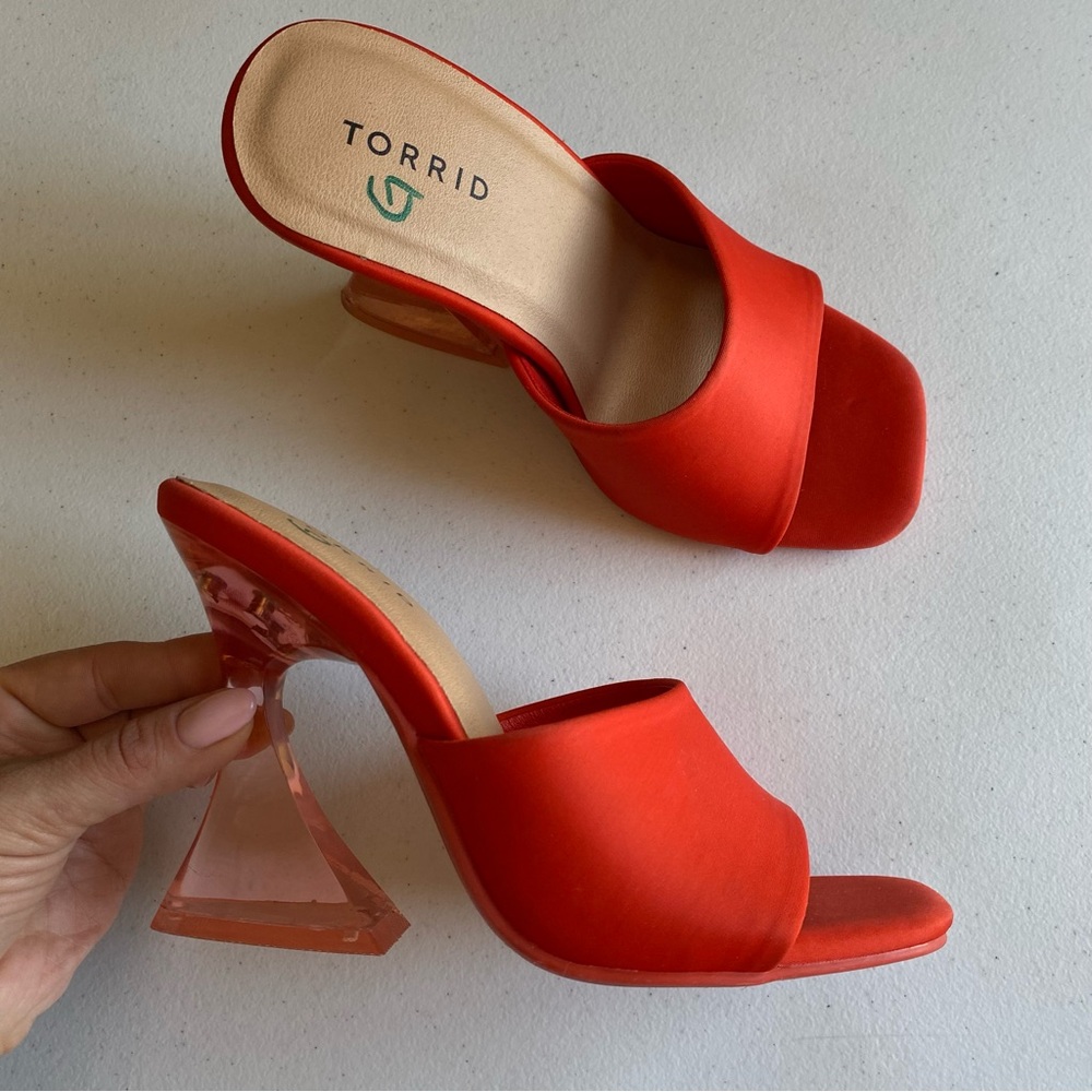 torrid Bright Red Mule Sandals with Clear Geometric Heel